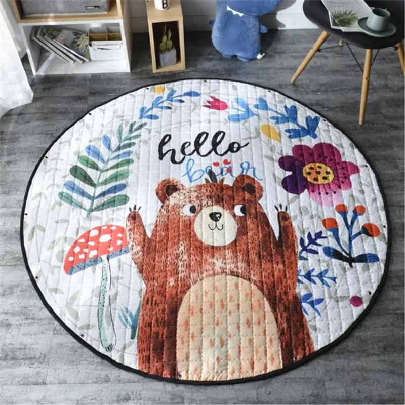 Round kids room carpet featuring Nordic animal design, 150cm play mat from Baby Bubble, soft and colorful for children's play area.
