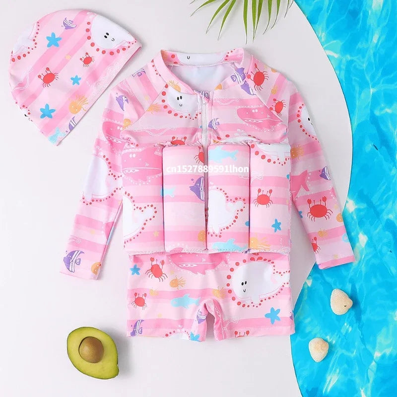 Kids buoyancy swimsuit by Baby Bubble featuring colorful cartoon float design, designed for safe, enjoyable swimming for children.
