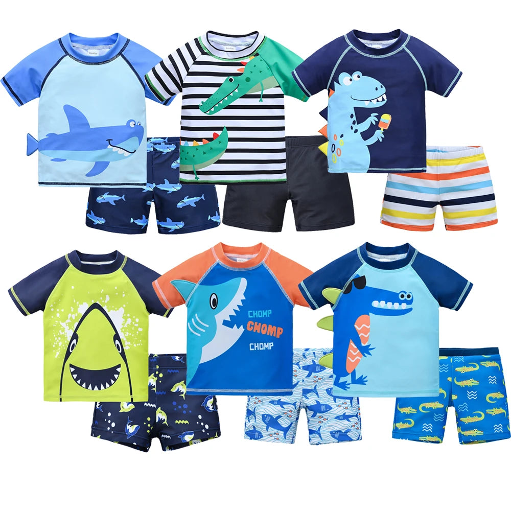 Boys' 2-piece swimsuit set with cool print by Baby Bubble, suitable for ages 1 to 7, featuring a colorful swim shirt and shorts.