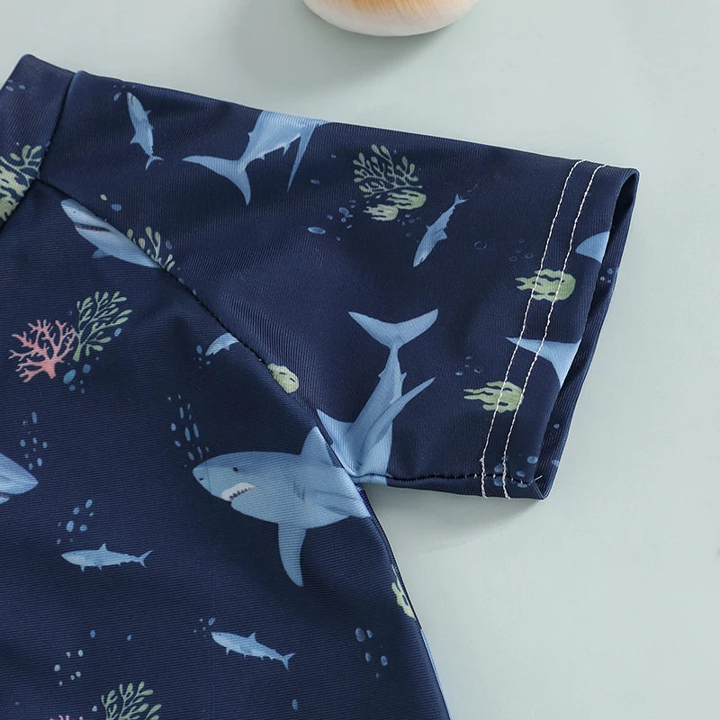Baby Bubble shark print long sleeve rash guard with zipper for babies, featuring a fun shark design for sun protection and comfort.