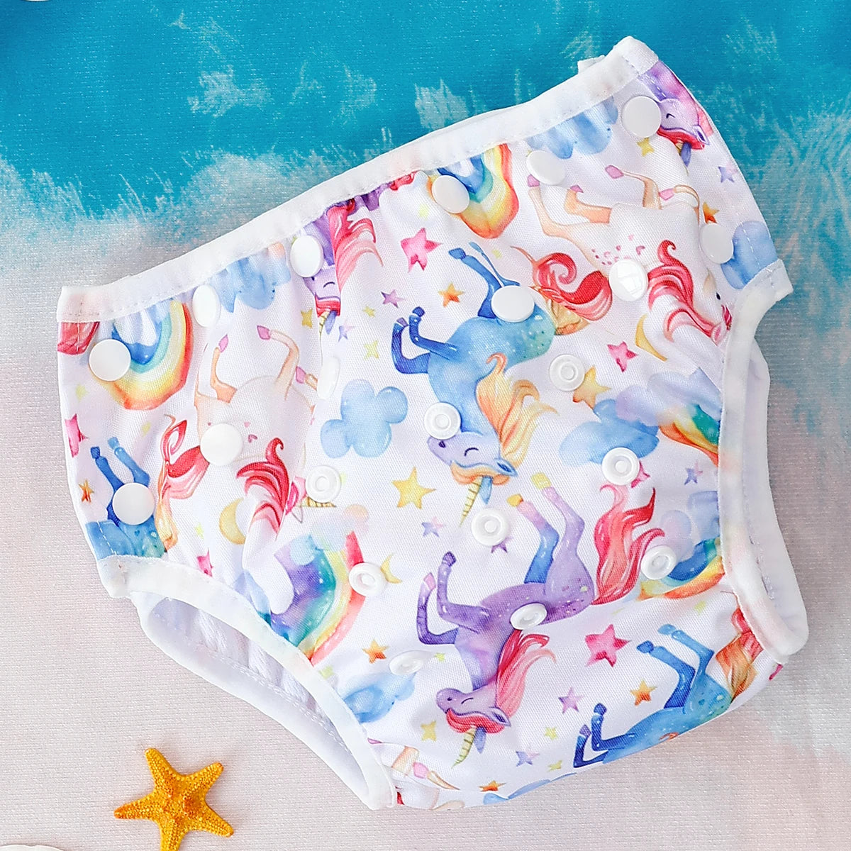 Reusable baby swim diapers with colorful animal print designs, designed by Baby Bubble for comfortable water play.