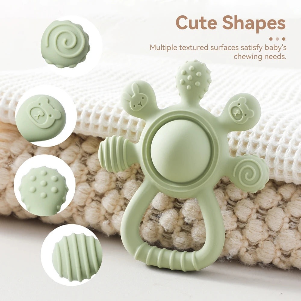 Baby Bubble silicone teether rattle with colorful sensory beads, BPA-free and soothing for babies to chew and hold.
