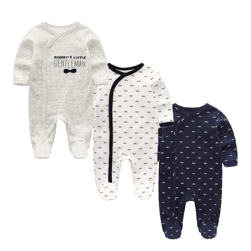 Set of three cozy autumn cotton baby rompers by Baby Bubble, featuring soft, comfortable newborn baby clothing with fall-themed designs.