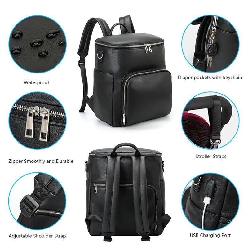 Travel-ready PU leather diaper bag by Baby Bubble with multiple compartments and stylish design for parents on the go.
