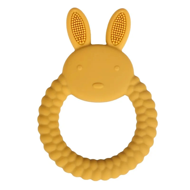 Baby Bubble BPA-free silicone baby teether glove with textured surface for gum relief, worn on a baby's hand.