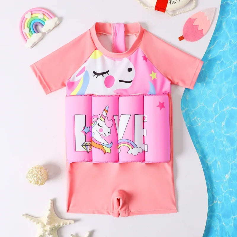Baby Bubble kids buoyancy swimsuit with cartoon float design, safe swimwear for children, ideal for learning to swim.