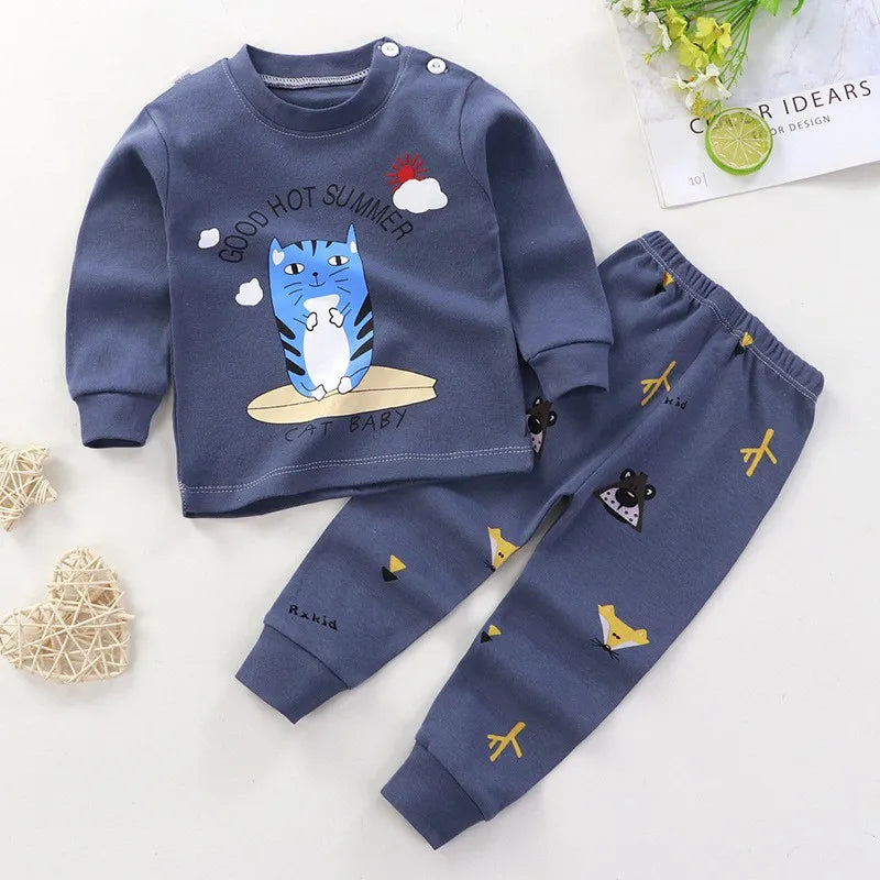 Baby Bubble toddler autumn pajamas with cartoon tops and pants, long sleeve home wear suits for boys and girls aged 1-4 years.