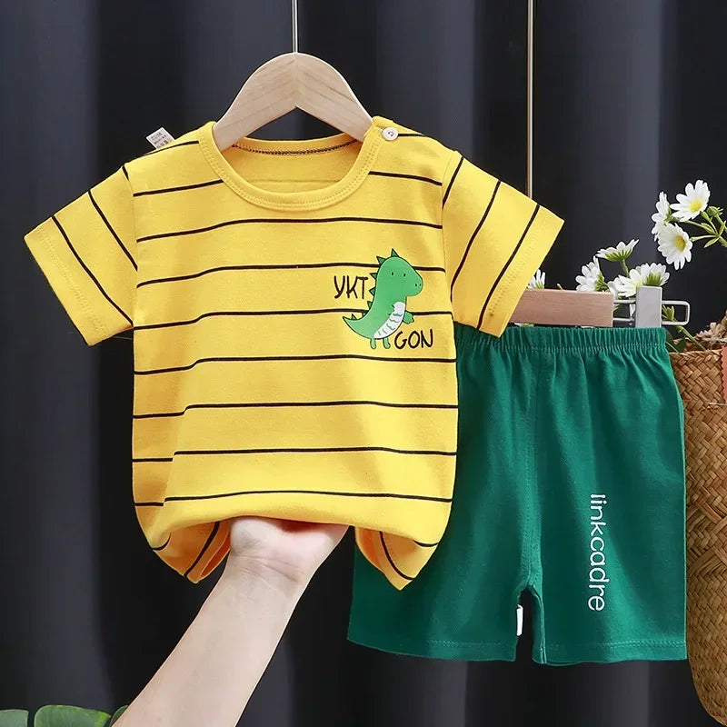 Baby Bubble cartoon print contrast T-shirt and shorts set featuring colorful cartoon characters and playful design for kids.