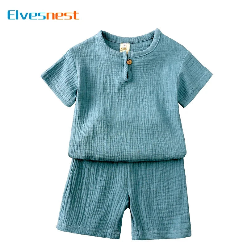 Kids cotton linen summer outfit by Baby Bubble, featuring a breathable, lightweight cotton and linen set for warm weather.
