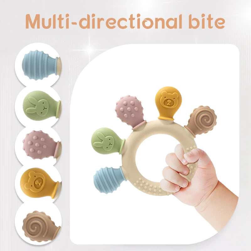 Colorful silicone baby ring teether by Baby Bubble, soft gum soother for soothing and teething relief for infants.