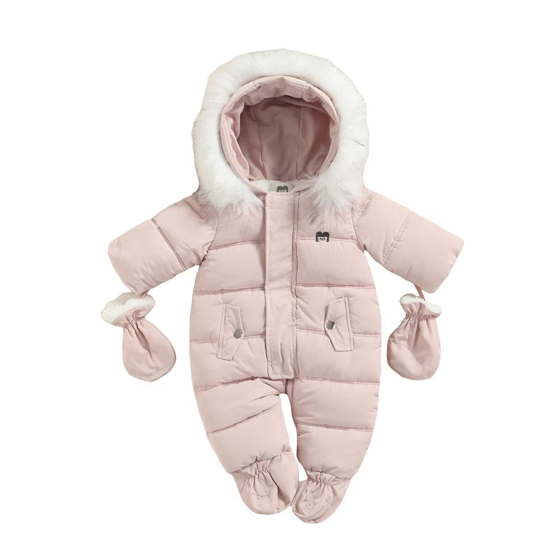 Baby Bubble hooded puffer snowsuit for babies, cozy winter jumpsuit with insulated padding and a warm hood.