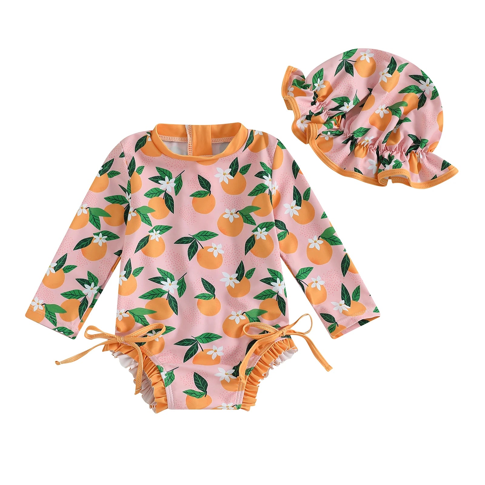 Baby Girl rash guard swimsuit with matching swim cap by Baby Bubble, featuring colorful sun and wave patterns for protection and style.