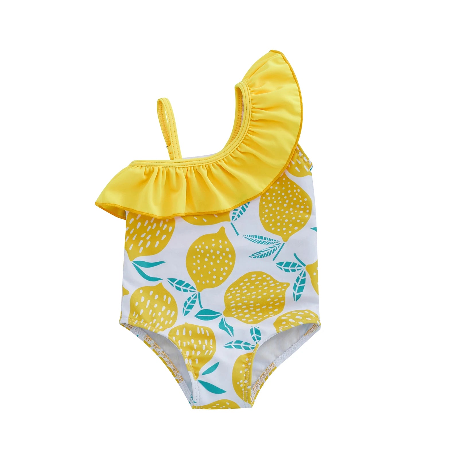 Baby girls' one-shoulder swimsuit with a lemon print from Baby Bubble, featuring bright yellow lemons on a light background.