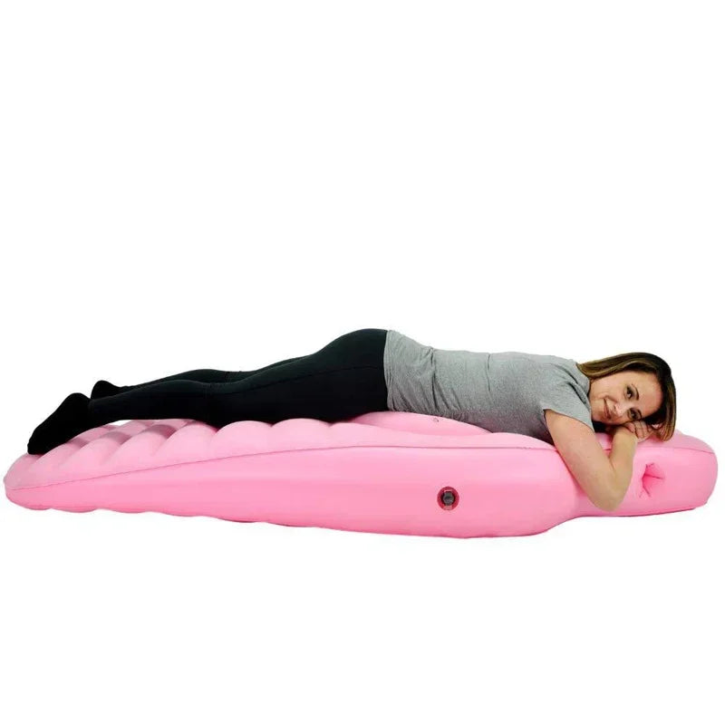 Inflatable pregnancy body pillow by Baby Bubble, designed for comfortable side sleeping during pregnancy.