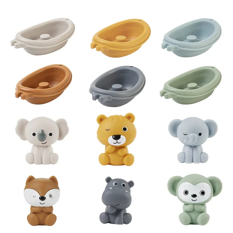 Colorful Baby Bubble bath stacking boat toys for kids water play, featuring boats and floating accessories in a playful water setting.