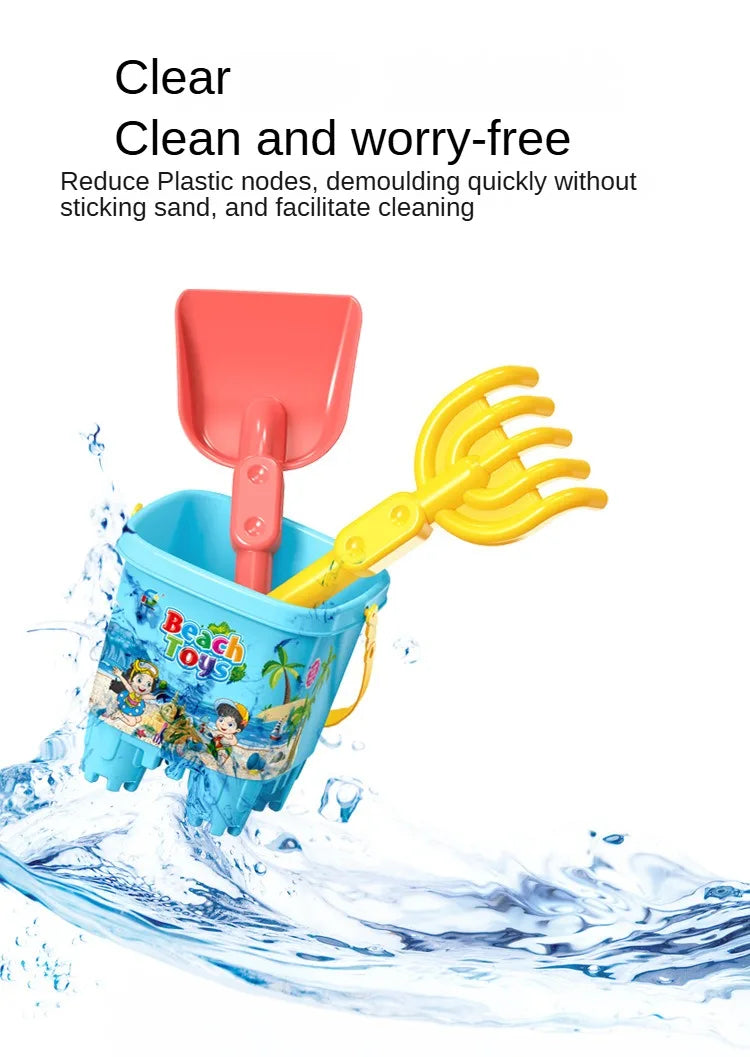 Kids beach sand play set with colorful bucket and shovel kit from Baby Bubble, perfect for outdoor sandbox fun.