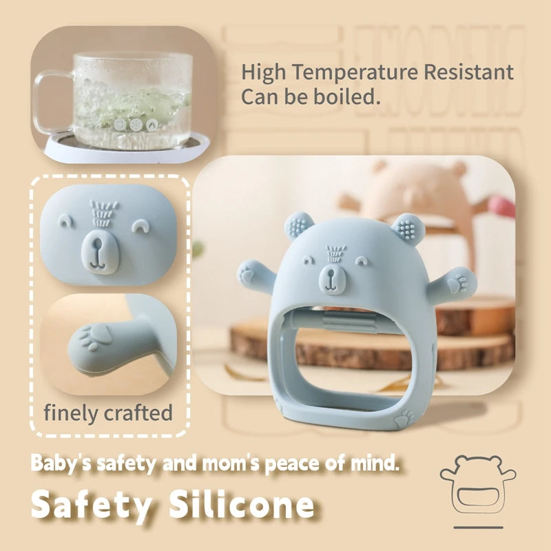Baby Bubble BPA-Free silicone baby teether glove with textured surface for gum relief, designed to soothe infants during teething.