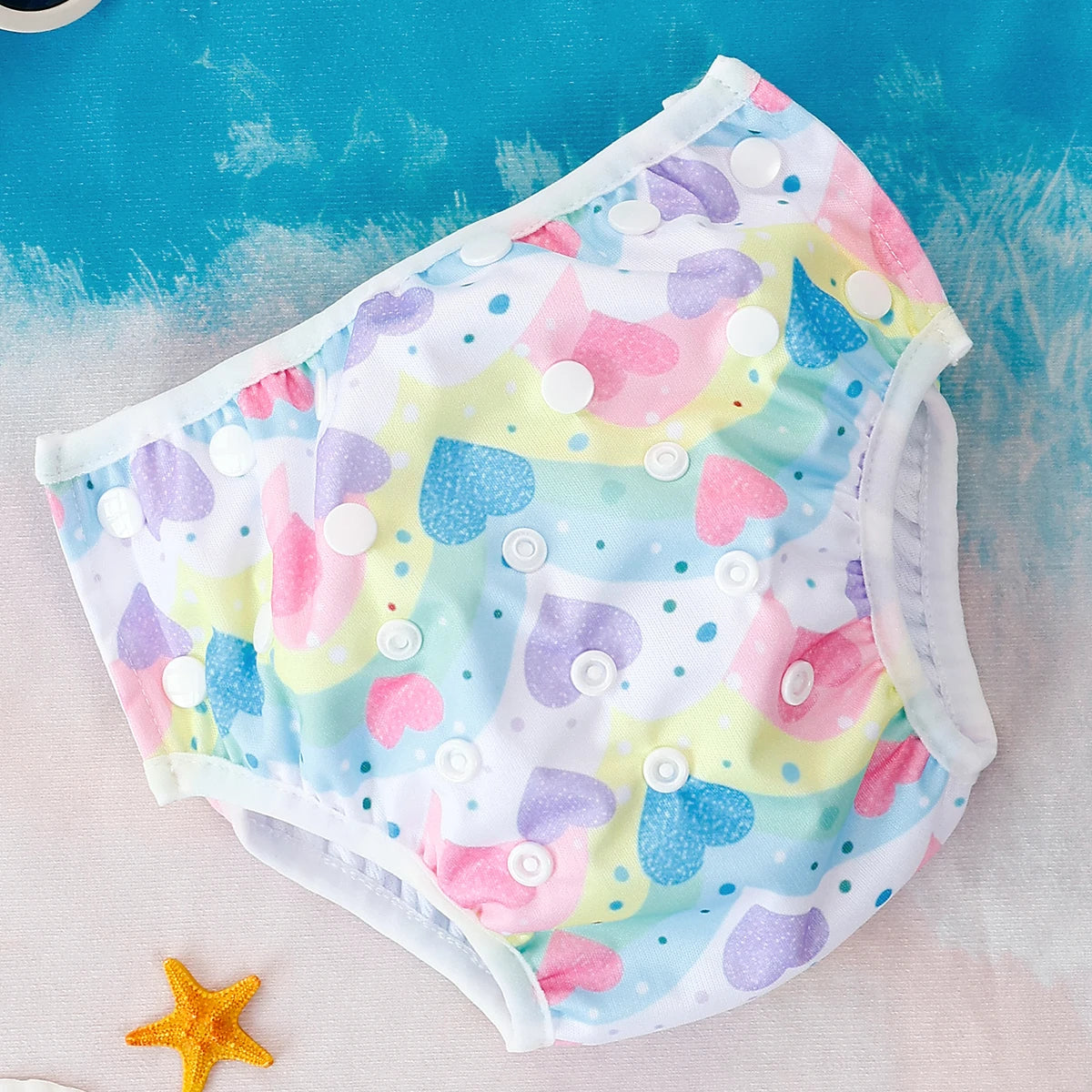 Baby Bubble washable baby swim diapers with adjustable fit, shown in bright colors on a baby, designed for comfort and water play.