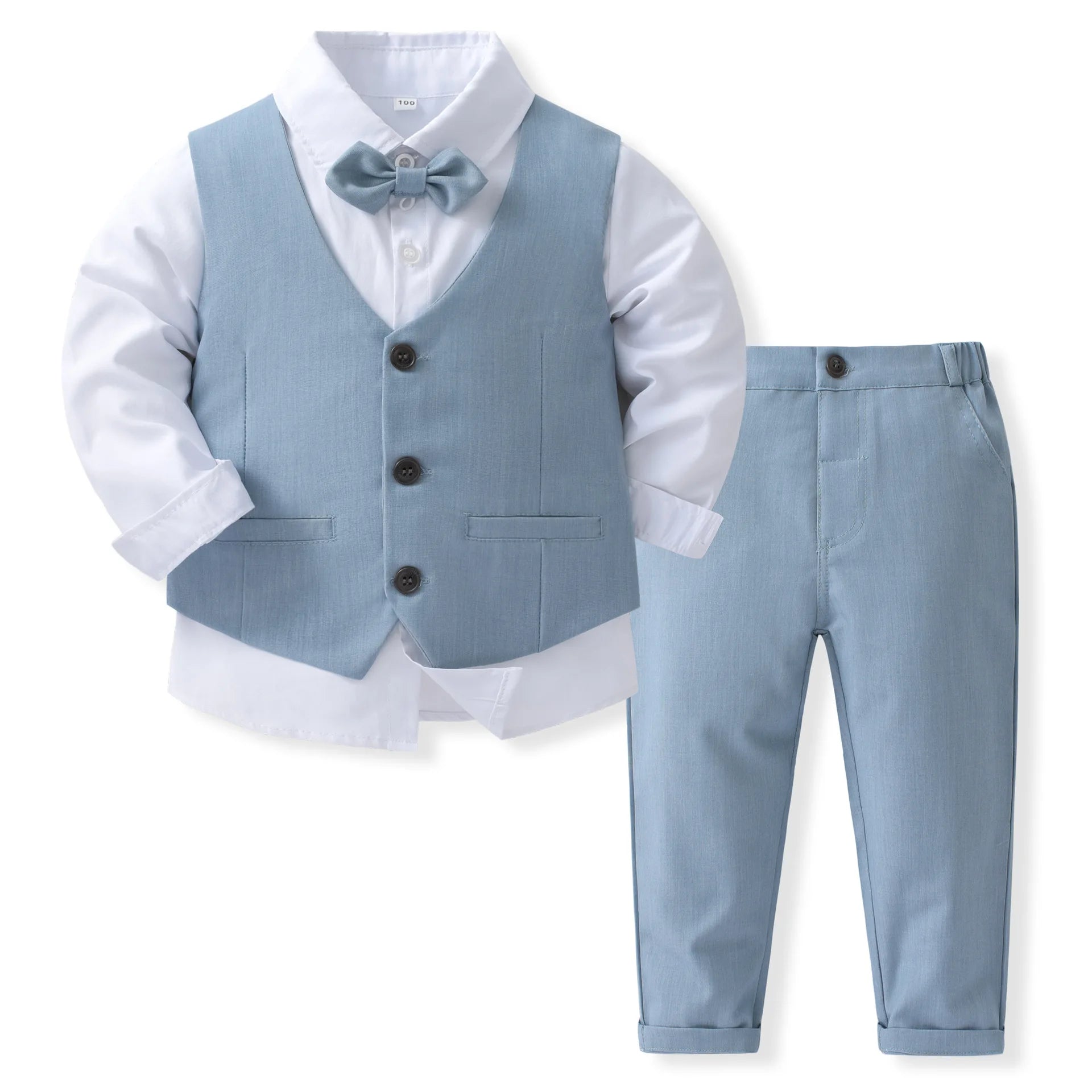 Baby boy in a smart navy blue gentleman suit with a bow tie, perfect for a birthday celebration, by Baby Bubble.