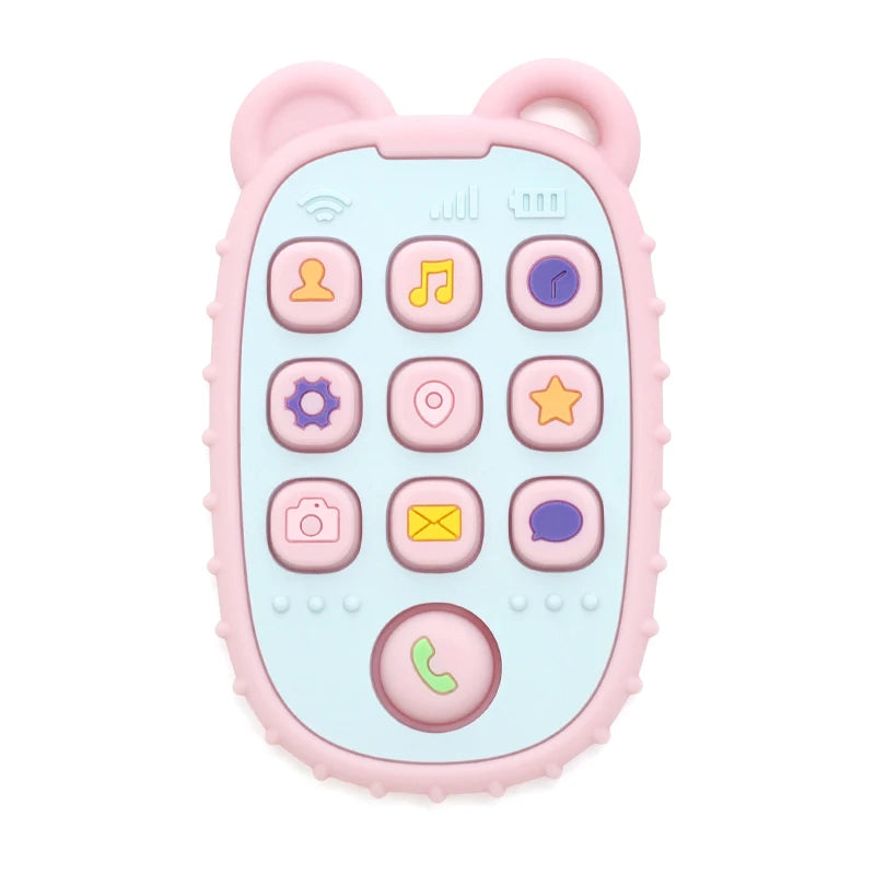 Baby Bubble baby phone shape teether made of colorful silicone, featuring a fun design for soothing and chewing.