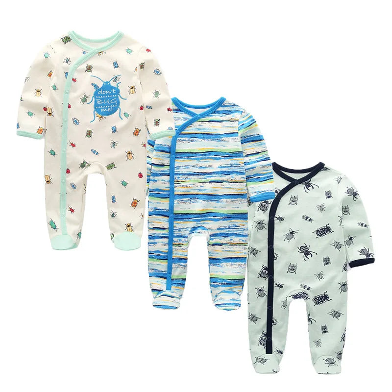Three cozy newborn baby cotton rompers from Baby Bubble, featuring autumn-themed designs in a 3-pack.