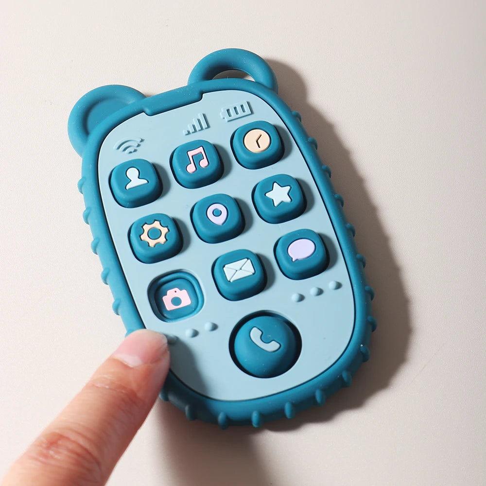 Baby Bubble silicone baby phone-shaped teether with colorful chewable buttons and textured surfaces for soothing oral comfort.