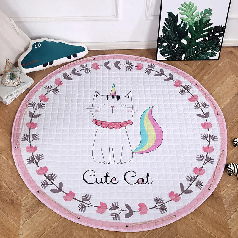 Round Kids Room Carpet featuring Nordic animal design, 150cm play mat by Baby Bubble, colorful soft surface for children’s play area.