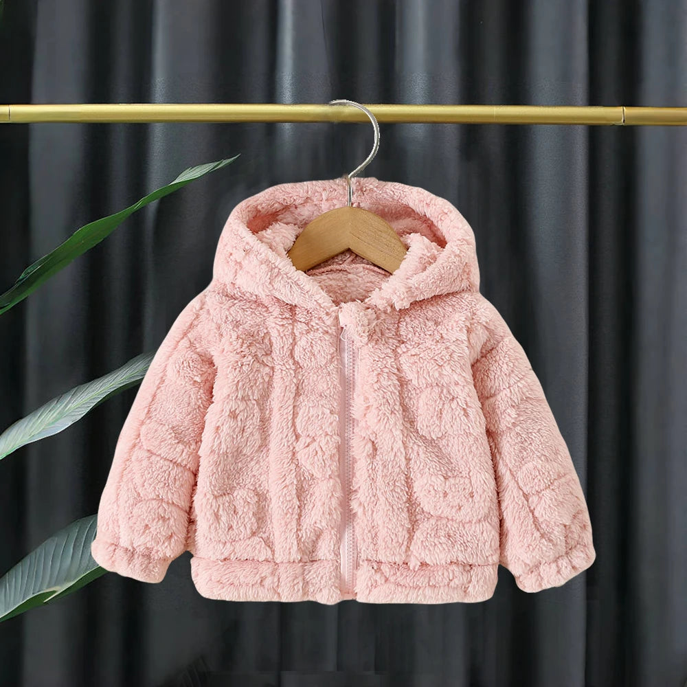 Baby girl winter lambswool coat by Baby Bubble, showing a cute warm outwear with cozy wool fabric and adorable design details.