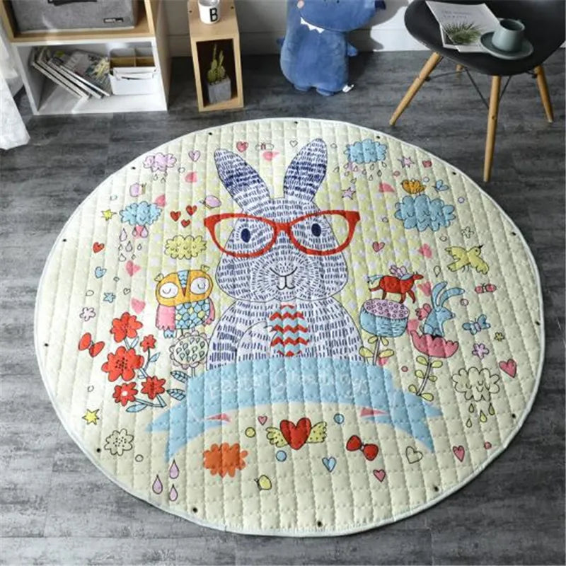 Round Kids Room Carpet by Baby Bubble featuring Nordic animal design, 150cm play mat for children's playroom or nursery.