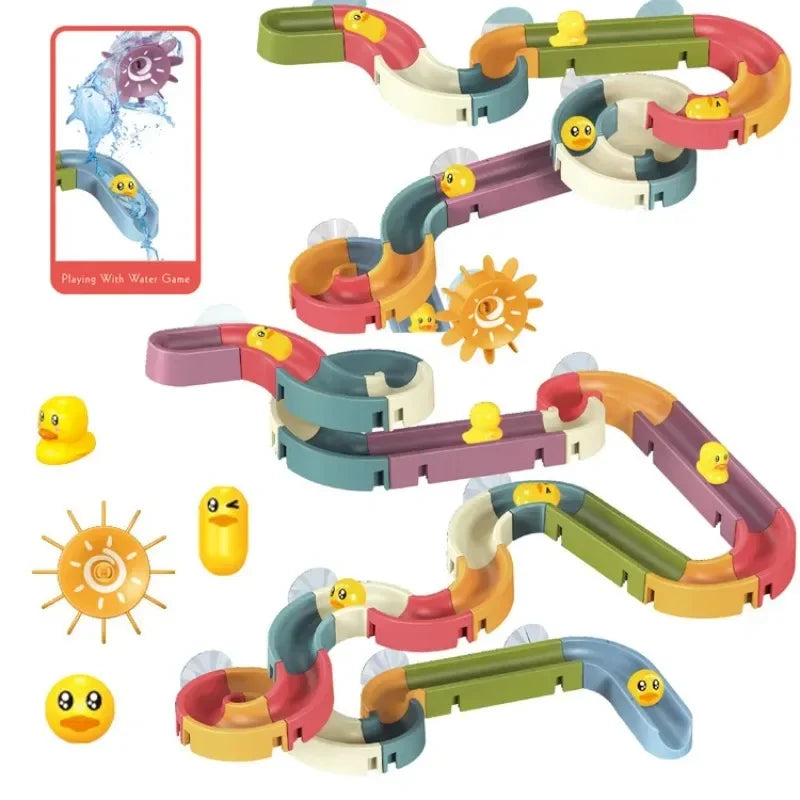 Baby Bubble bath toy set with DIY assembling track, slide, duck water toys, and suction cups for children to play in the bathtub.
