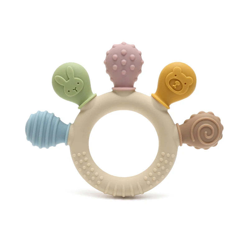 Baby Bubble BPA-Free dinosaur teether with easy-grip design, soft silicone material for gum relief and teething comfort.