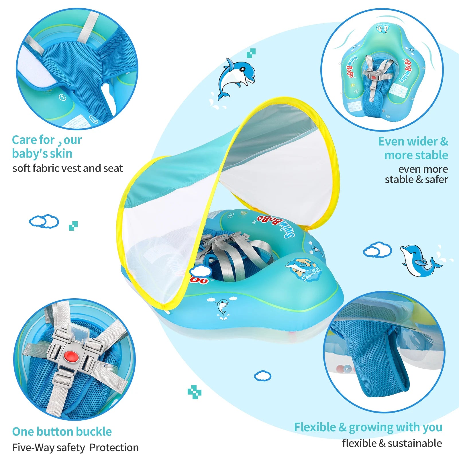 Baby Bubble baby float ring with canopy, UV sun protection, featuring colorful design and secure safety straps for aquatic fun.
