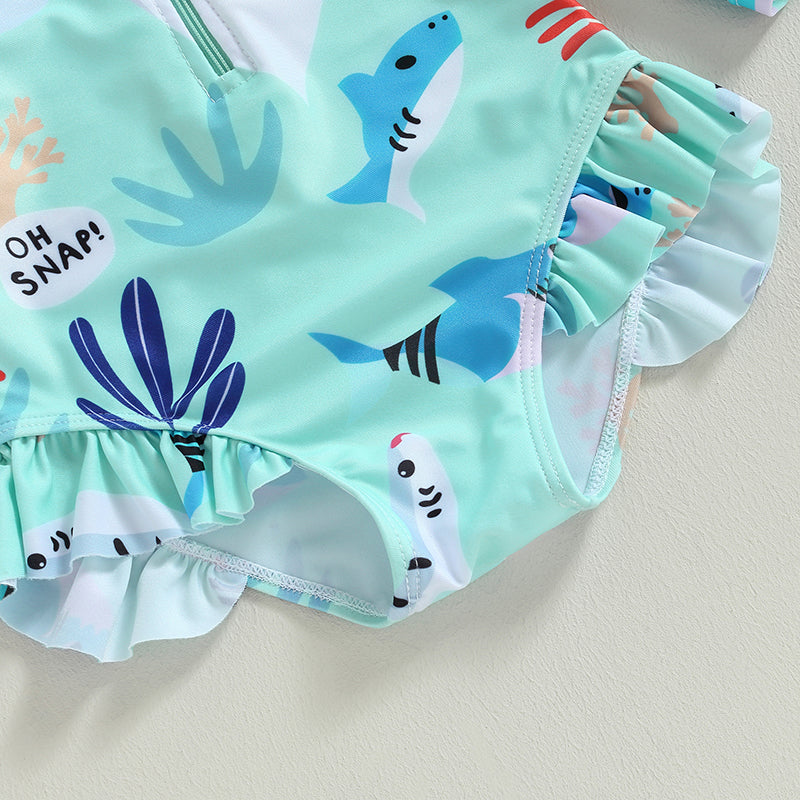 Girls long sleeve swimsuit with sea animal print by Baby Bubble, featuring colorful aquatic creatures on a bright background.