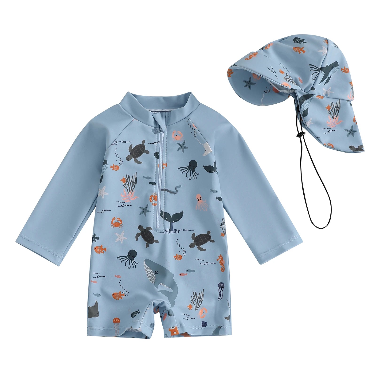 Baby Bubble marine animal print rash guard set for baby boys, featuring colorful marine-themed graphics on lightweight swimwear.