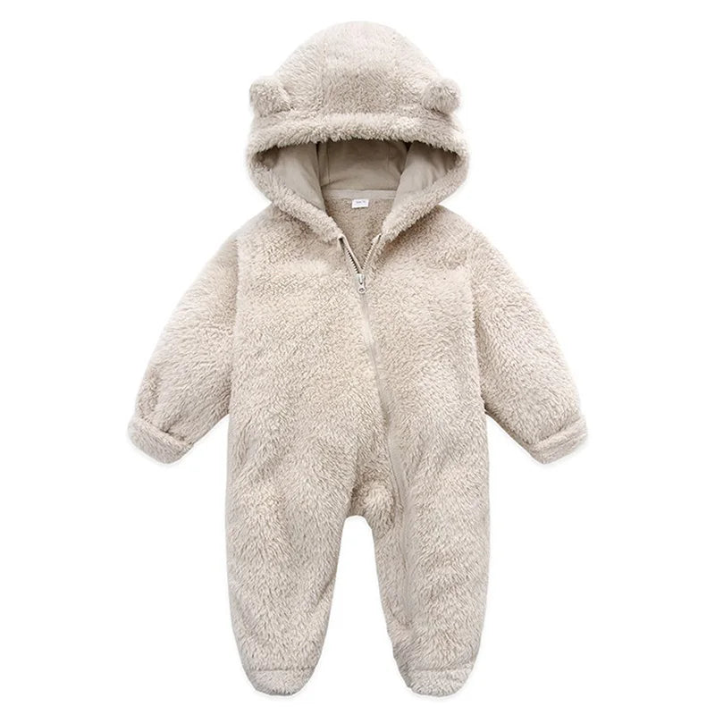 Baby Bubble hooded plush romper for babies, soft and warm winter outfit with cozy hood and plush fabric.