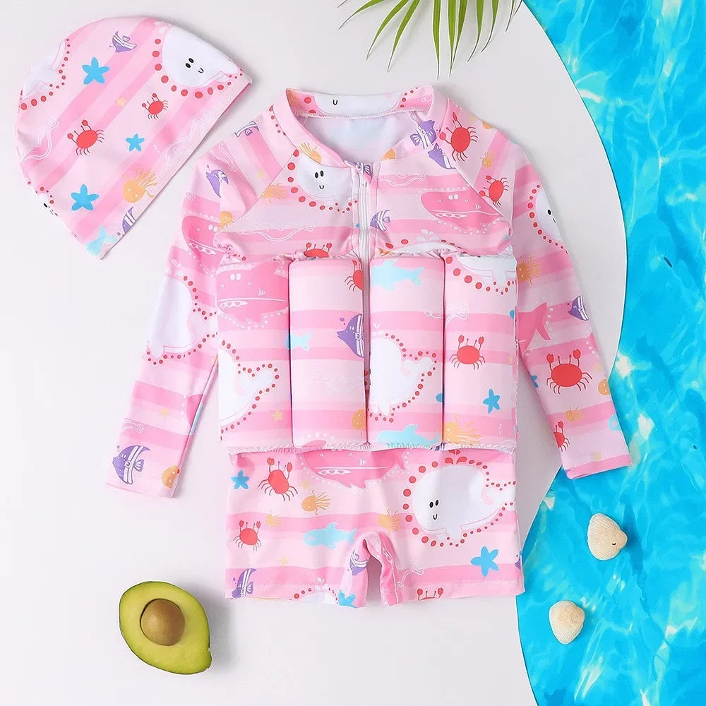 Kids buoyancy swimsuit by Baby Bubble featuring colorful cartoon float design, designed for safe and fun swimming.