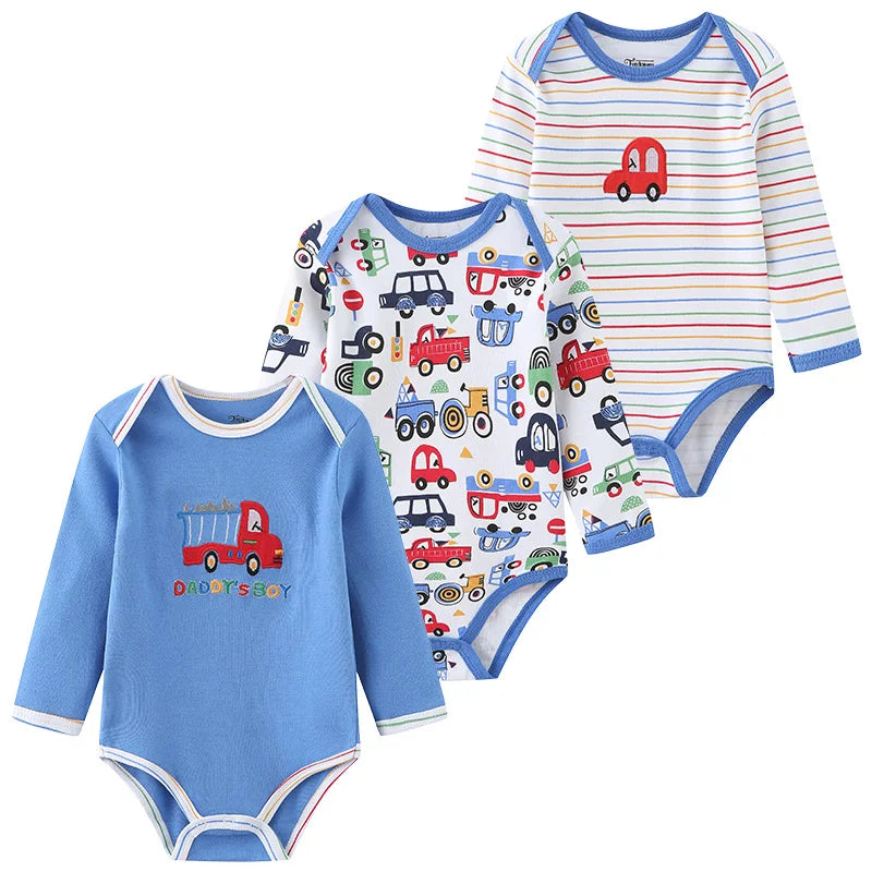 Set of three Baby Bubble newborn cotton bodysuits, soft and comfortable everyday onesies for infants, in pastel and neutral colors.