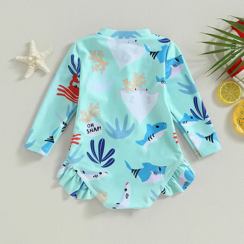 Girls long sleeve swimsuit with sea animal print by Baby Bubble, featuring bright aquatic-themed sea creatures.