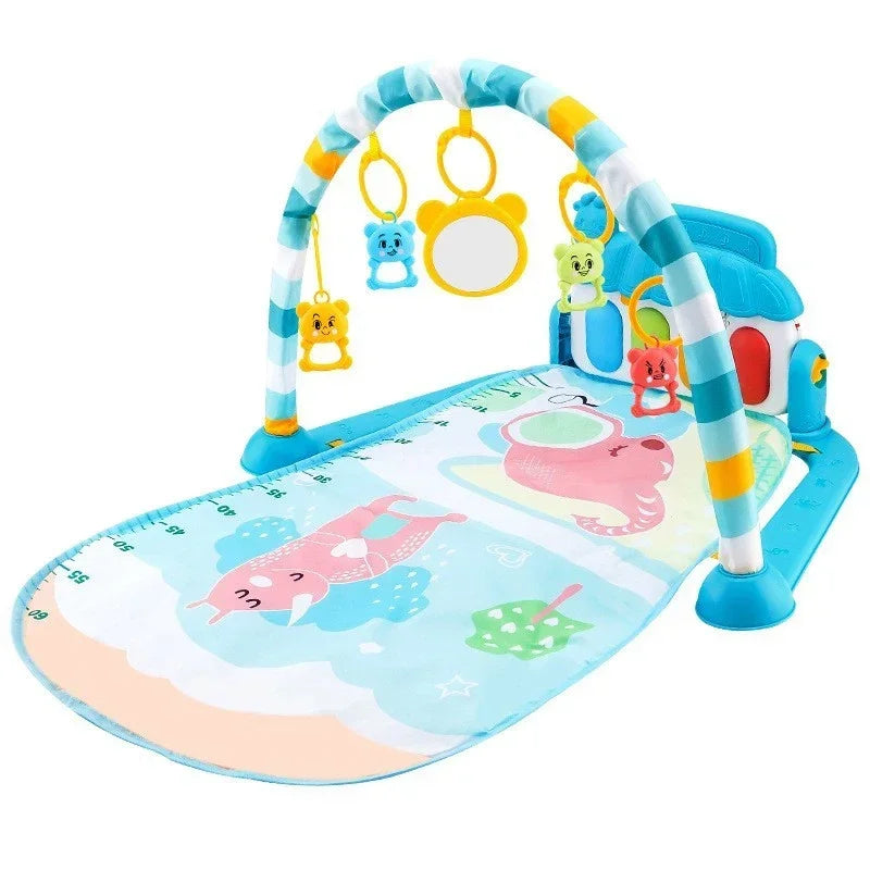 Baby Bubble baby piano gym play mat with colorful musical crawling and kicking activity toys on soft, cushioned surface.