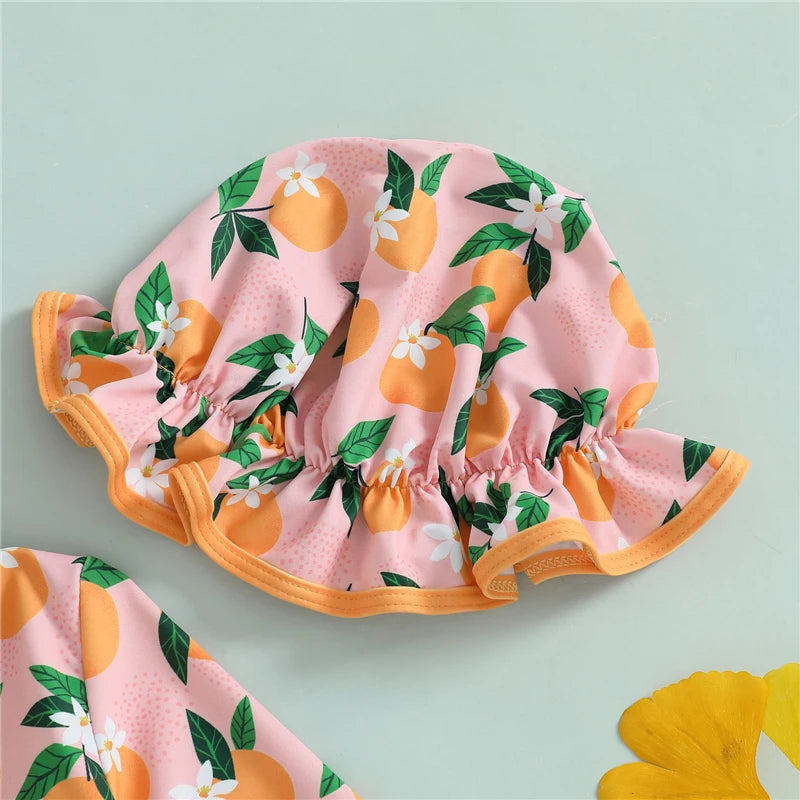 Baby Girl rash guard swimsuit with matching swim cap by Baby Bubble, featuring sun protection and vibrant colors.