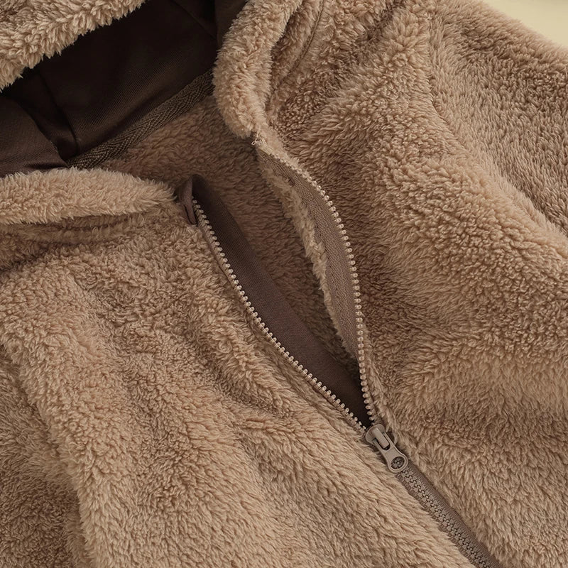 Baby Bubble baby hooded plush romper with soft fleece material, featuring a cozy hood and warm winter comfort for infants.