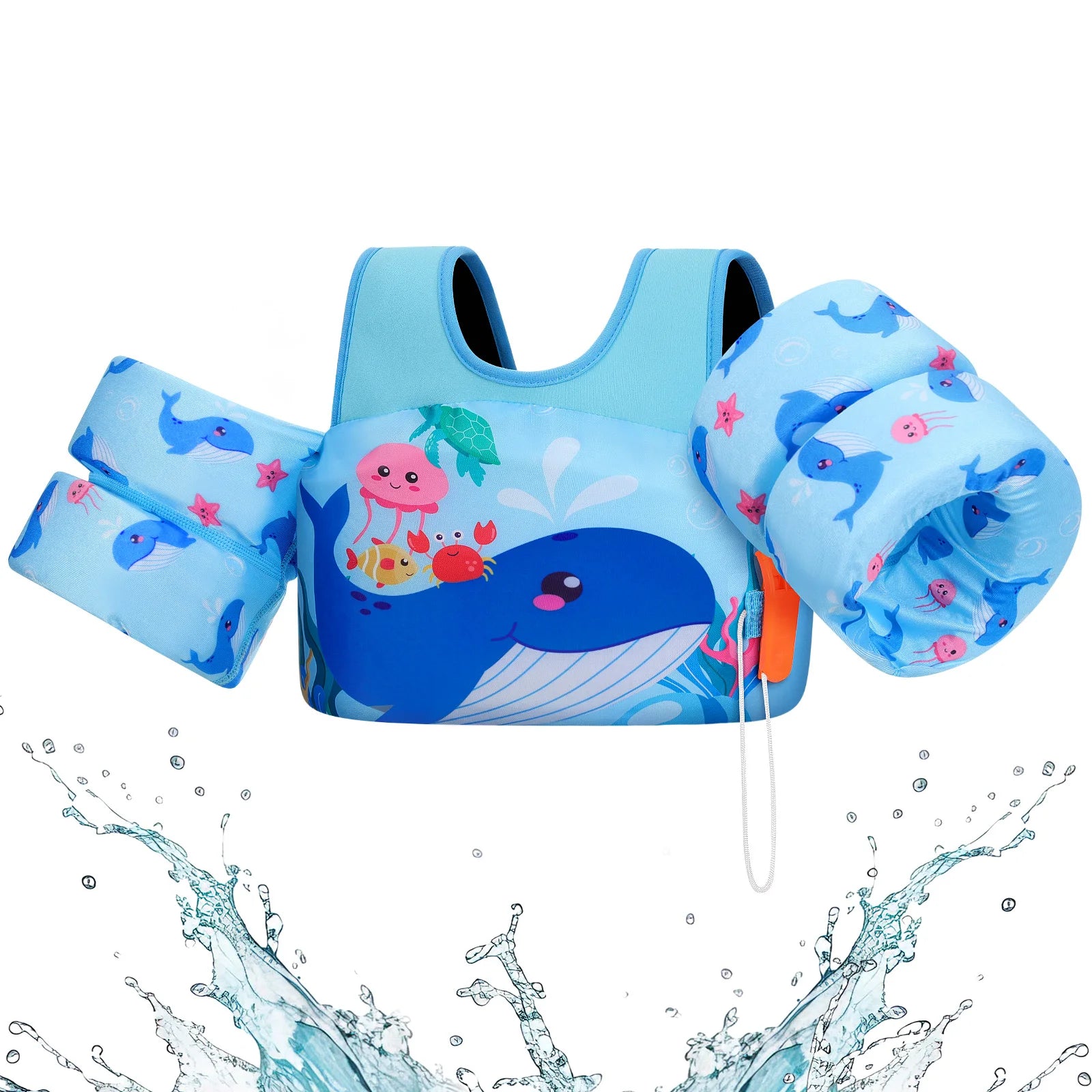 Kids' safety life vest with foam arm floats and safety whistle, designed for water safety and buoyancy, by Baby Bubble.