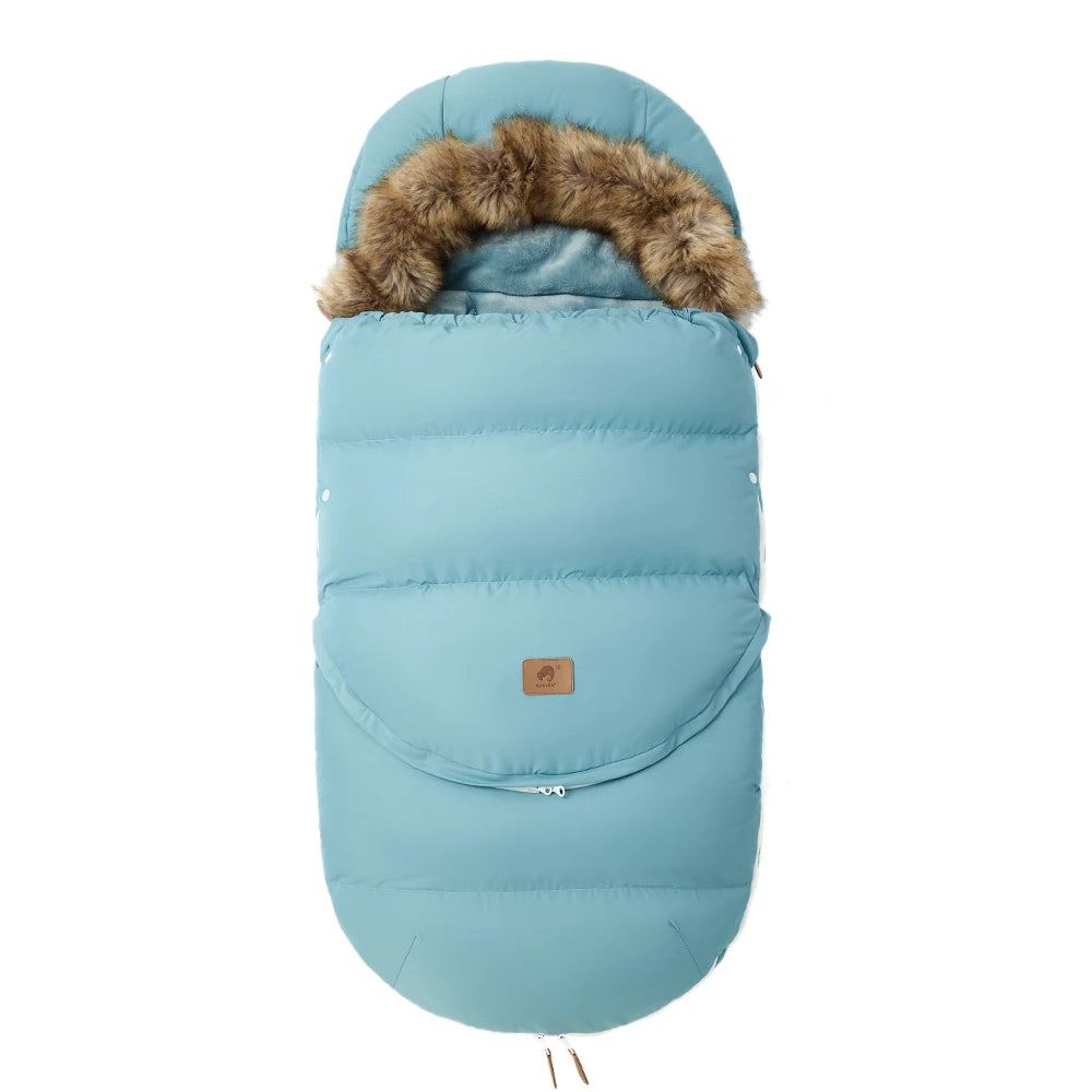 Baby Bubble winter pram sleeping bag with removable warm footmuff, cozy and insulated for infants in stroller or pram.