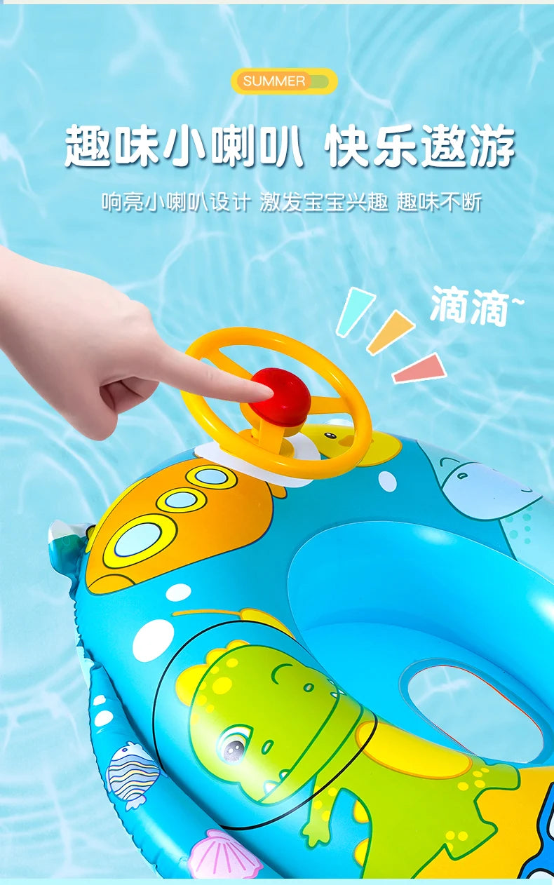 Baby Bubble inflatable swimming ring with cute animal steering wheel for infants, featuring colorful animal design and safety features.