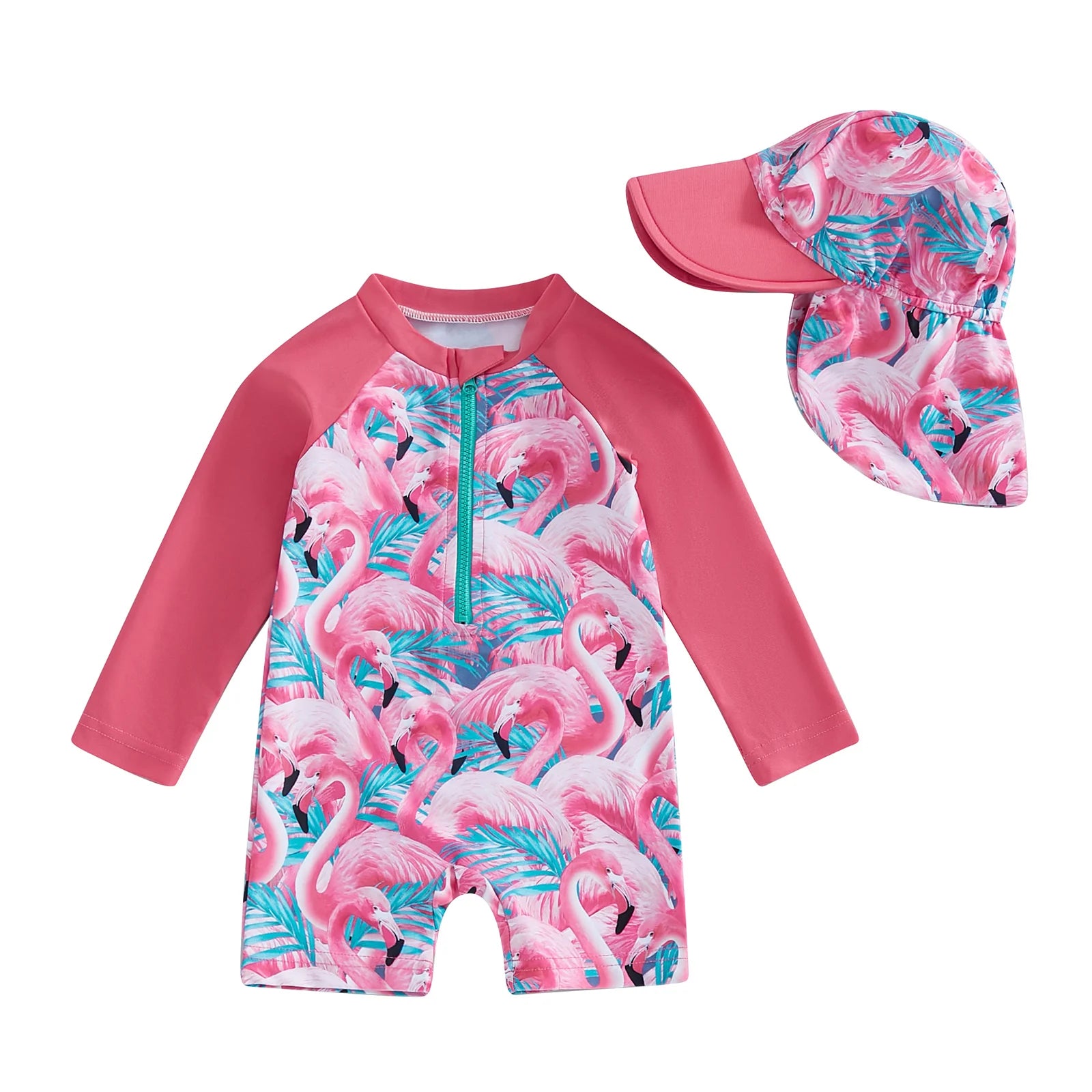 Baby girls rash guard set by Baby Bubble featuring floral and flamingo print, with matching swimwear for summer play.