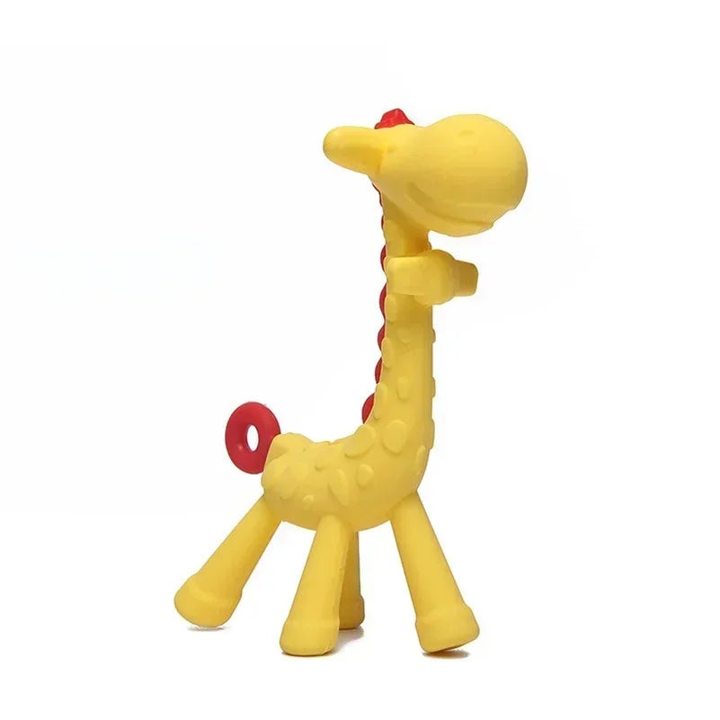 Silicone giraffe teether by Baby Bubble with textured surface to soothe baby’s sore gums and promote teething comfort.