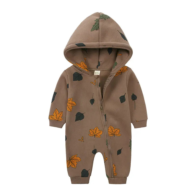 Baby Bubble cartoon print hooded zipper romper for babies, featuring a cute, colorful pattern and soft fabric for comfort.