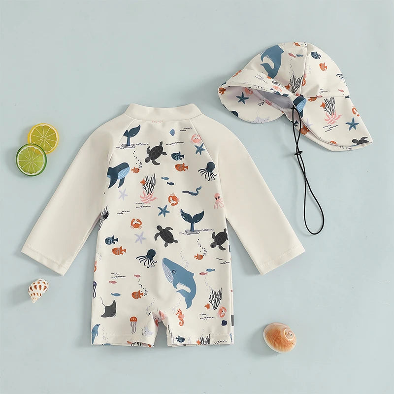 Baby Boy's marine animal print rash guard set by Baby Bubble, featuring colorful aquatic animal designs for sun protection.