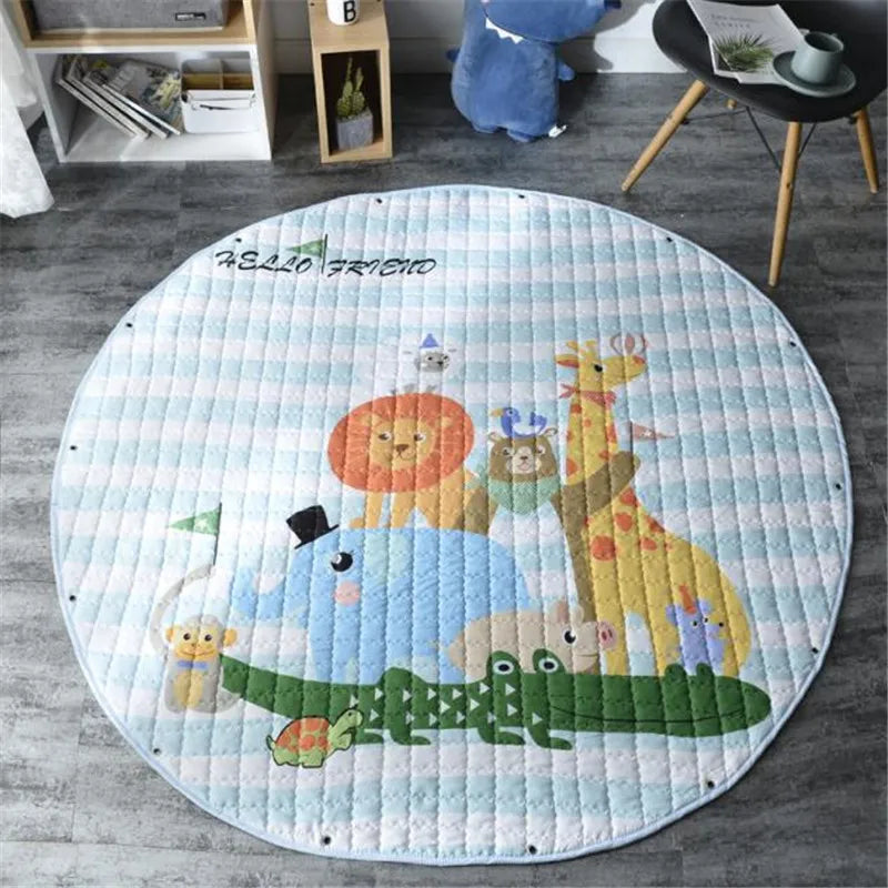 Round Kids Room Carpet featuring Nordic animal design, 150cm diameter, soft play mat for children by Baby Bubble.
