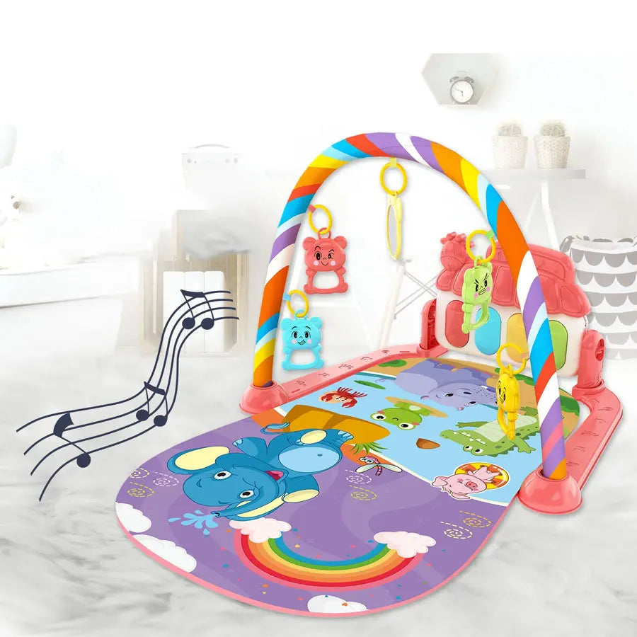 Baby Bubble Baby Piano Gym Play Mat with colorful musical toys for crawling and kicking activity, designed for infants.